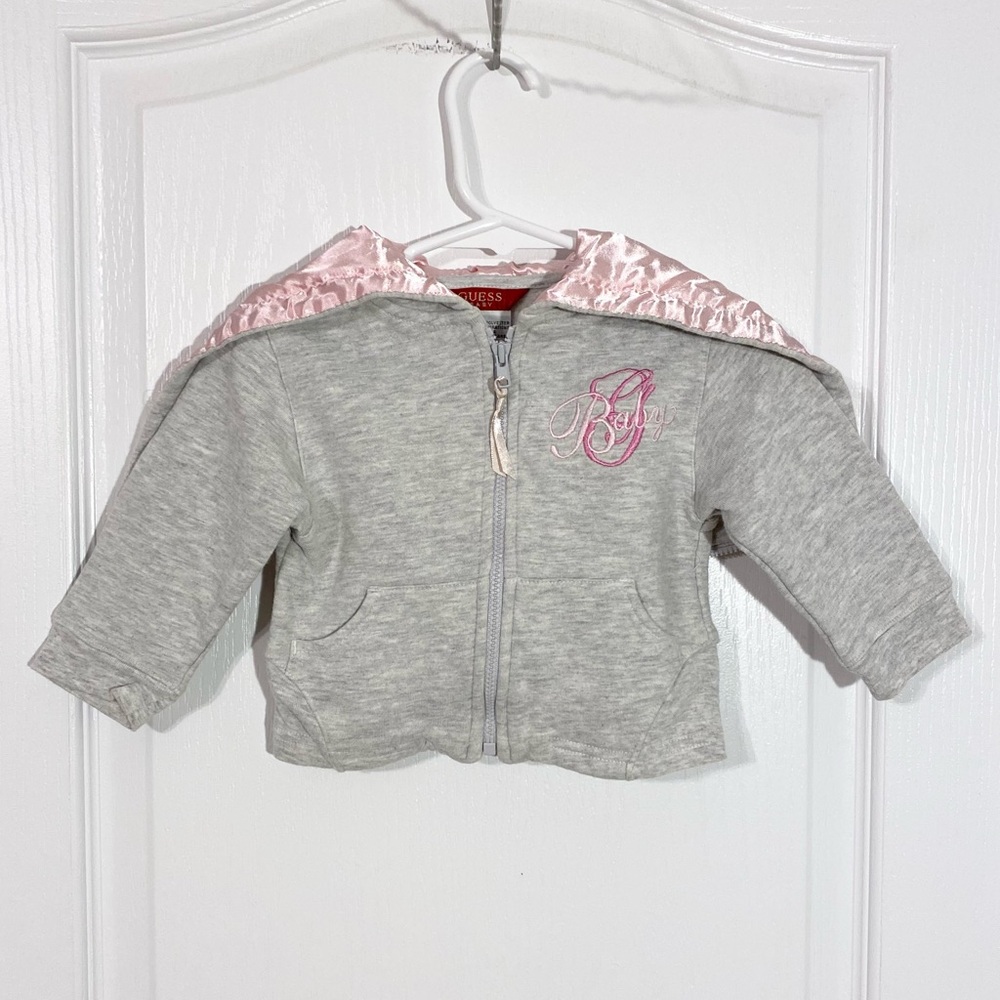 Y2K VTG Guess Embroidered Satin Zip Up Hoodie Jacket Gray Pink 12M Baby Girl